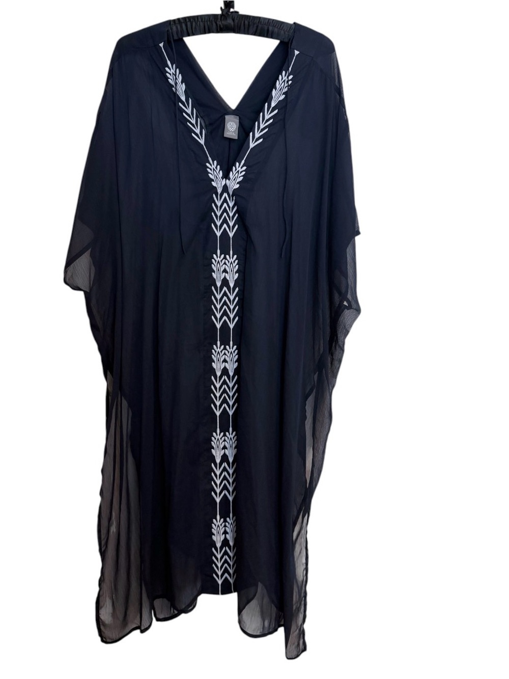 Vince Camuto Black Sheer V-Neck Swim Cover-Up with White Embroidery